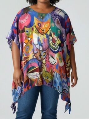 Sterling Styles Colorful Artsy Cats Cover Up Top ONE SIZE - up to a 3X